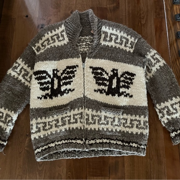 Cowichan Indian Canada Hand Knit Wool Cardigan Eagle Sweater Full Zip Jacket L